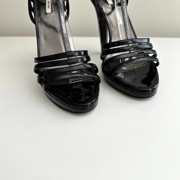 MIU MIU Black/Silver Patent Leather T-Strap Platform Sandals Heels Size 39 - Picture 4 of 14